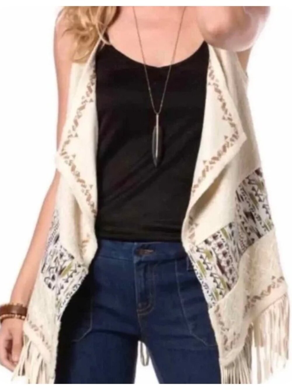 Miss Me Fringe Ivory Tribal Beat Boho Vest sz M